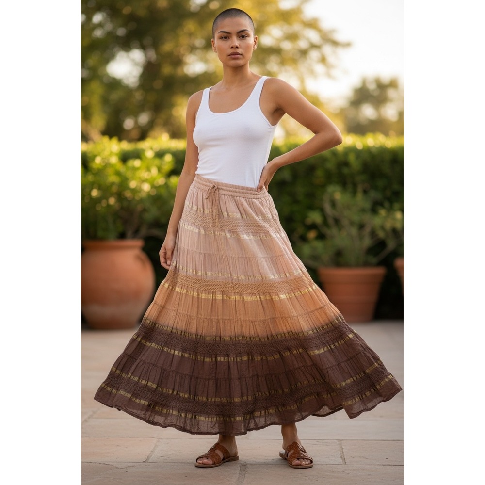 Sacred Threads Ombre Tiered Maxi Skirt Brown Gold Metallic Boho Cotton OS